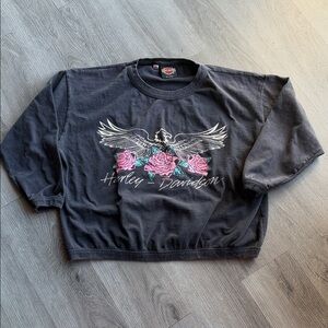 Harley-Davidson Vintage Black Crewneck with Pink Floral Eagle Cape Cod Graphic